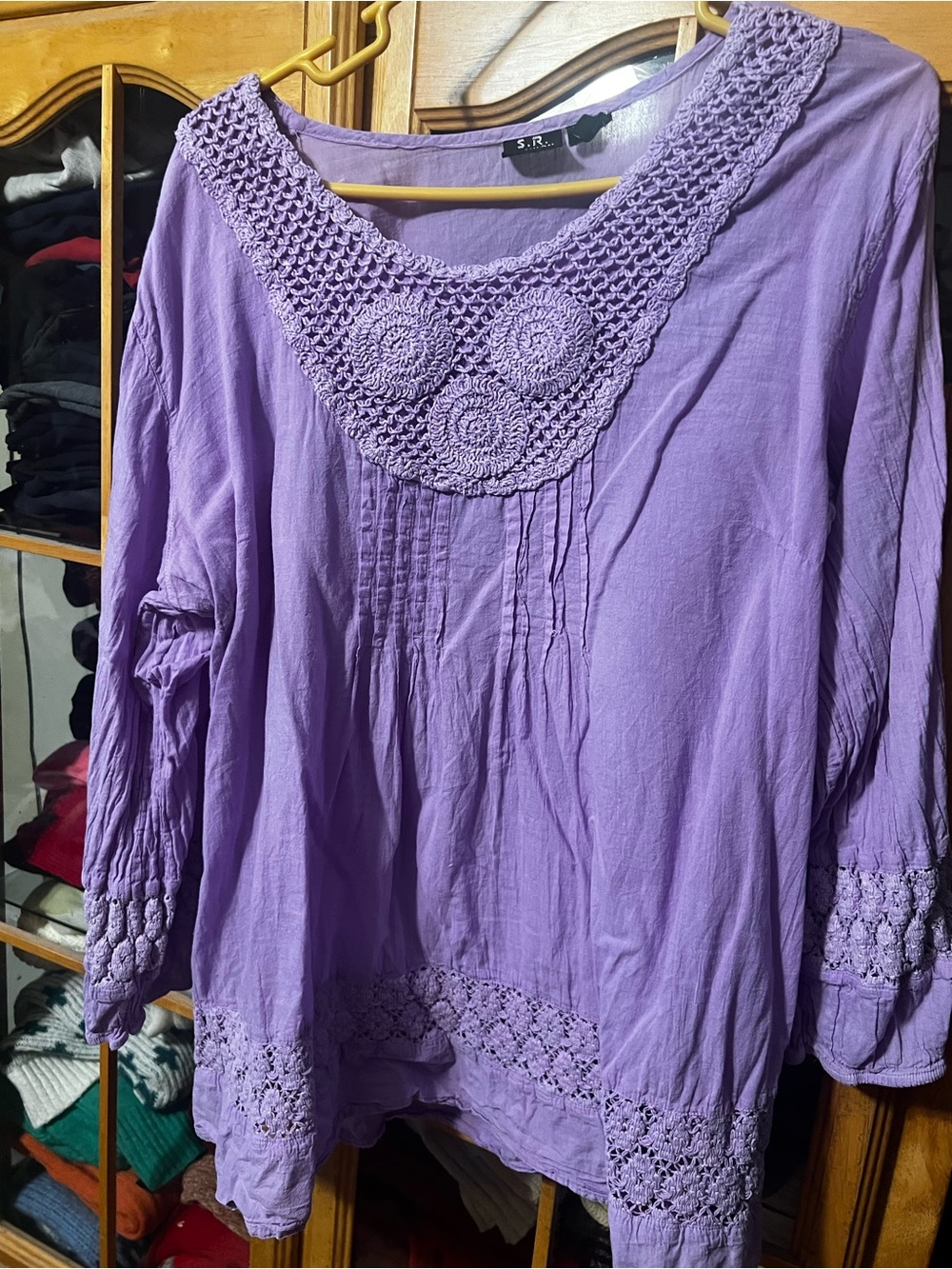 S.R. Lavender Crochet-Trim Tunic Top